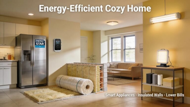 Cozy home environment highlighting energy-efficient features and materials