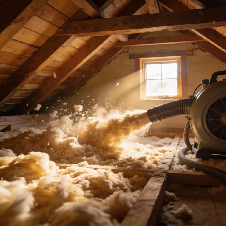 Blown-in insulation installation in a cozy attic highlighting energy efficiency for older homes