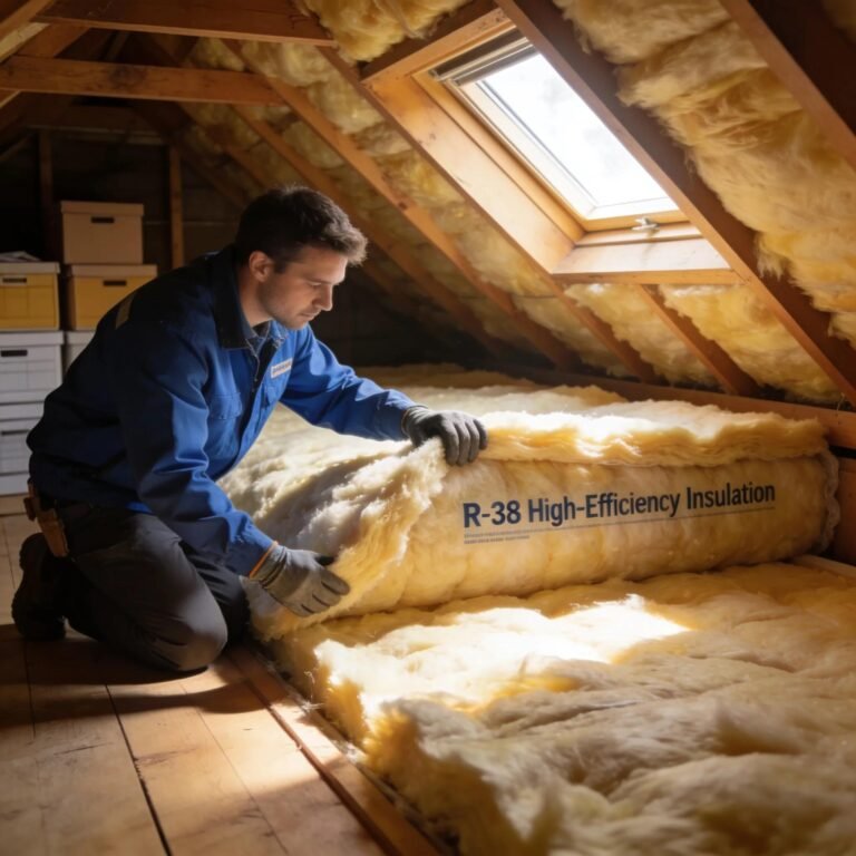 Attic insulation inspection showcasing a technician assessing insulation quality in a cozy attic space