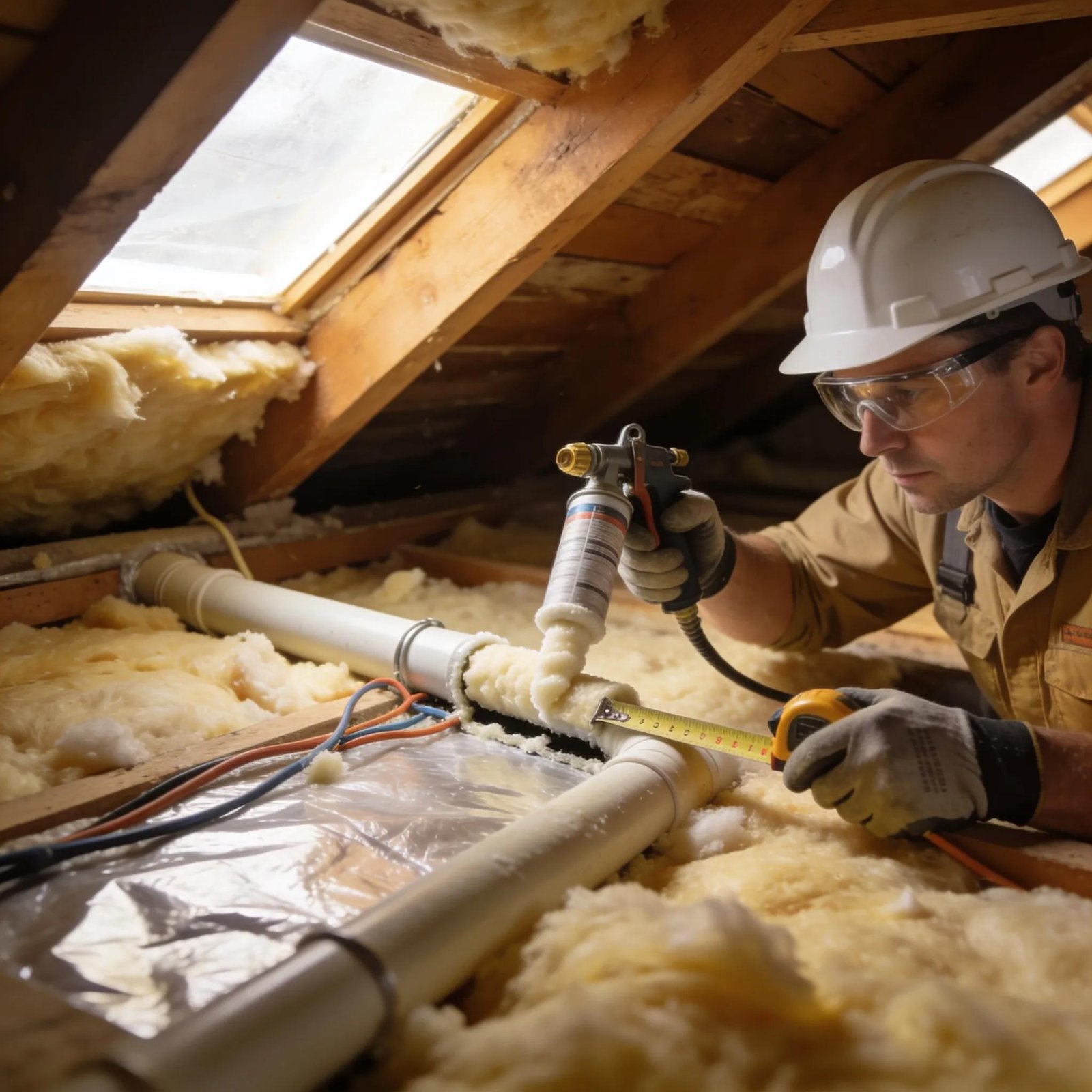 Professional insulation installer applying spray foam in attic, ensuring code compliance and quality workmanship.