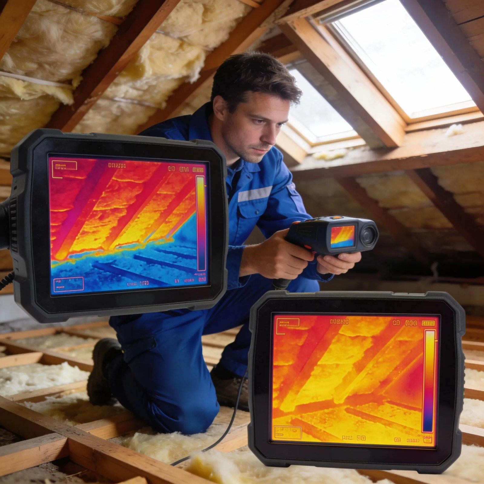 Thermal imaging camera detecting heat loss in attic insulation during inspection.