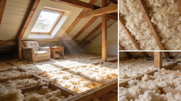 Cellulose blown-in insulation in a cozy attic, showcasing energy efficiency