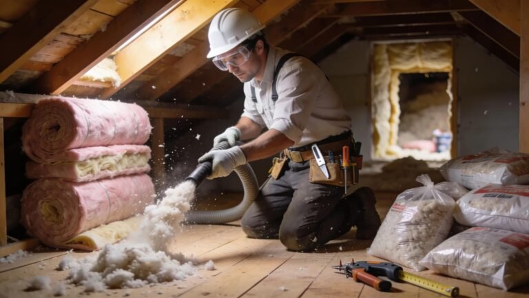 Professional insulation installation in an attic, showcasing various insulation materials and a skilled installer at work