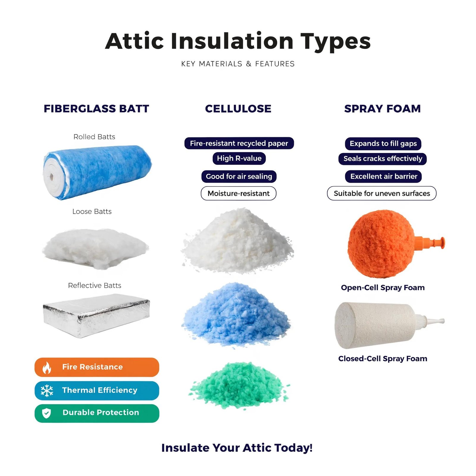 Attic insulation types comparison: fiberglass batts, cellulose, and spray foam materials and features.