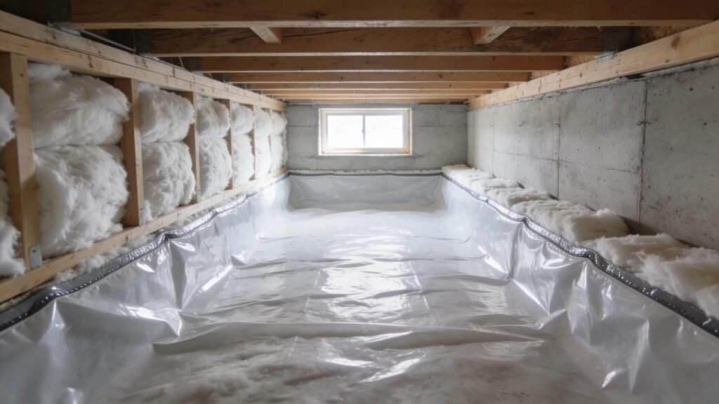 A well-insulated crawl space demonstrating effective insulation and encapsulation for moisture control