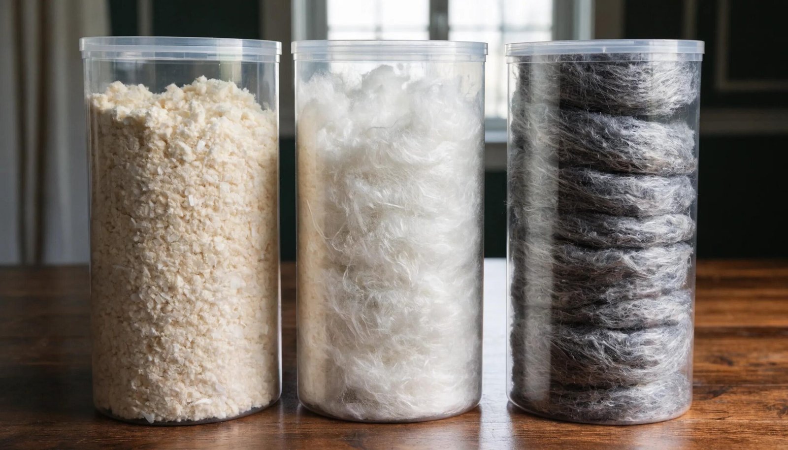 Samples of blown cellulose, fiberglass, and mineral wool insulation laid out to show texture and density