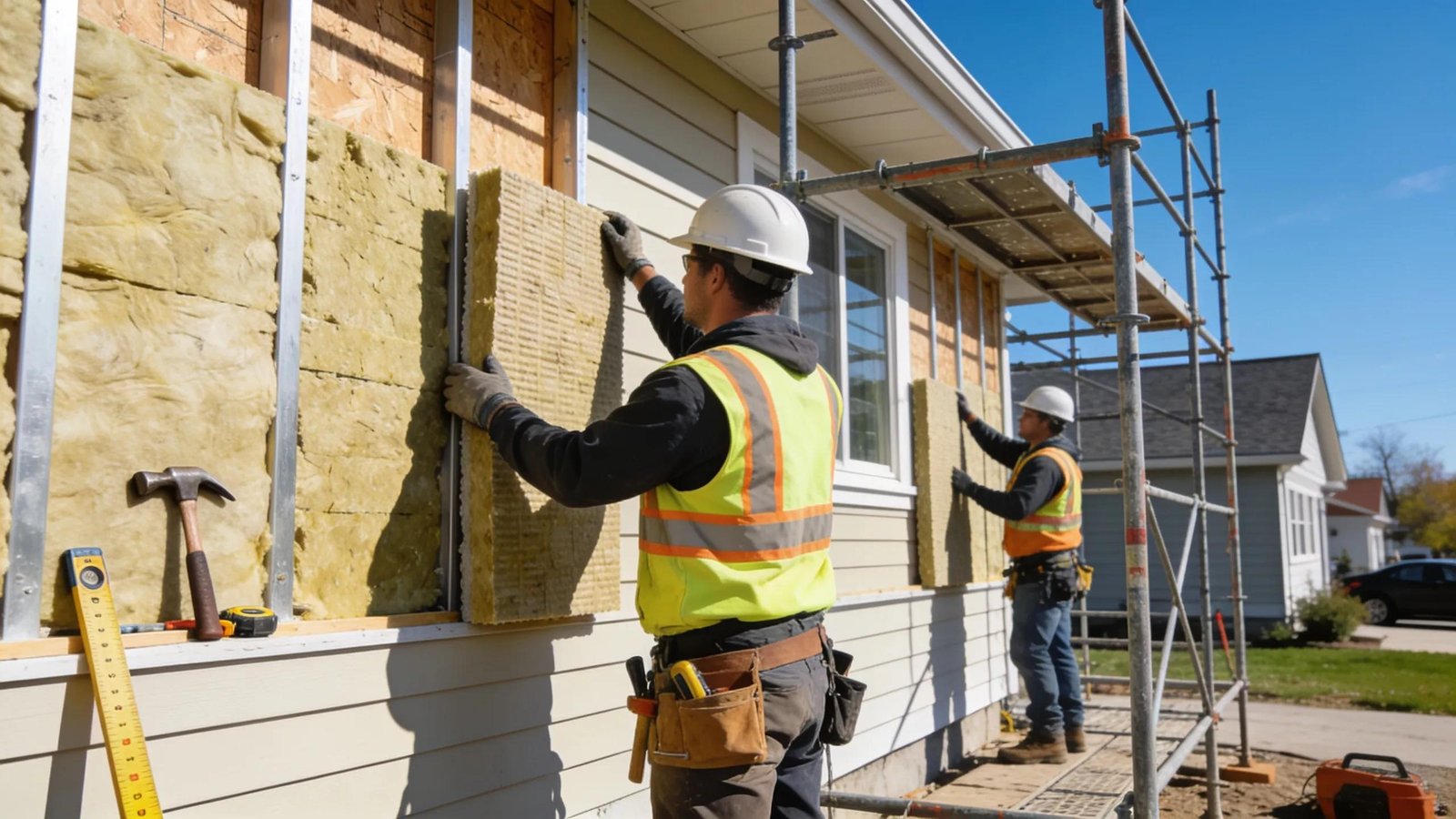 Workers fitting exterior insulation boards on a home while preparing for new siding