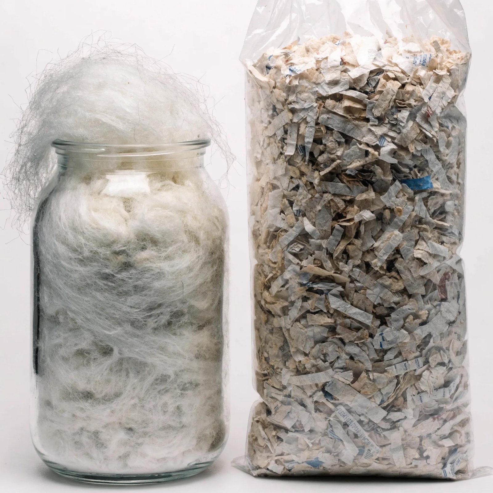 Side‑by‑side comparison of blown‑in fiberglass and cellulose showing texture differences