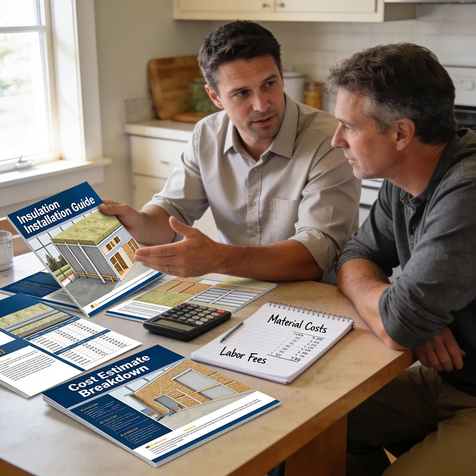 Home insulation consultation and cost estimate with contractor discussing material costs and labor fees.