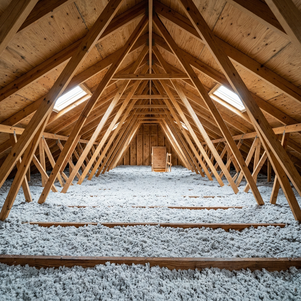 Attic with blown-in insulation covering wooden rafters and framing.