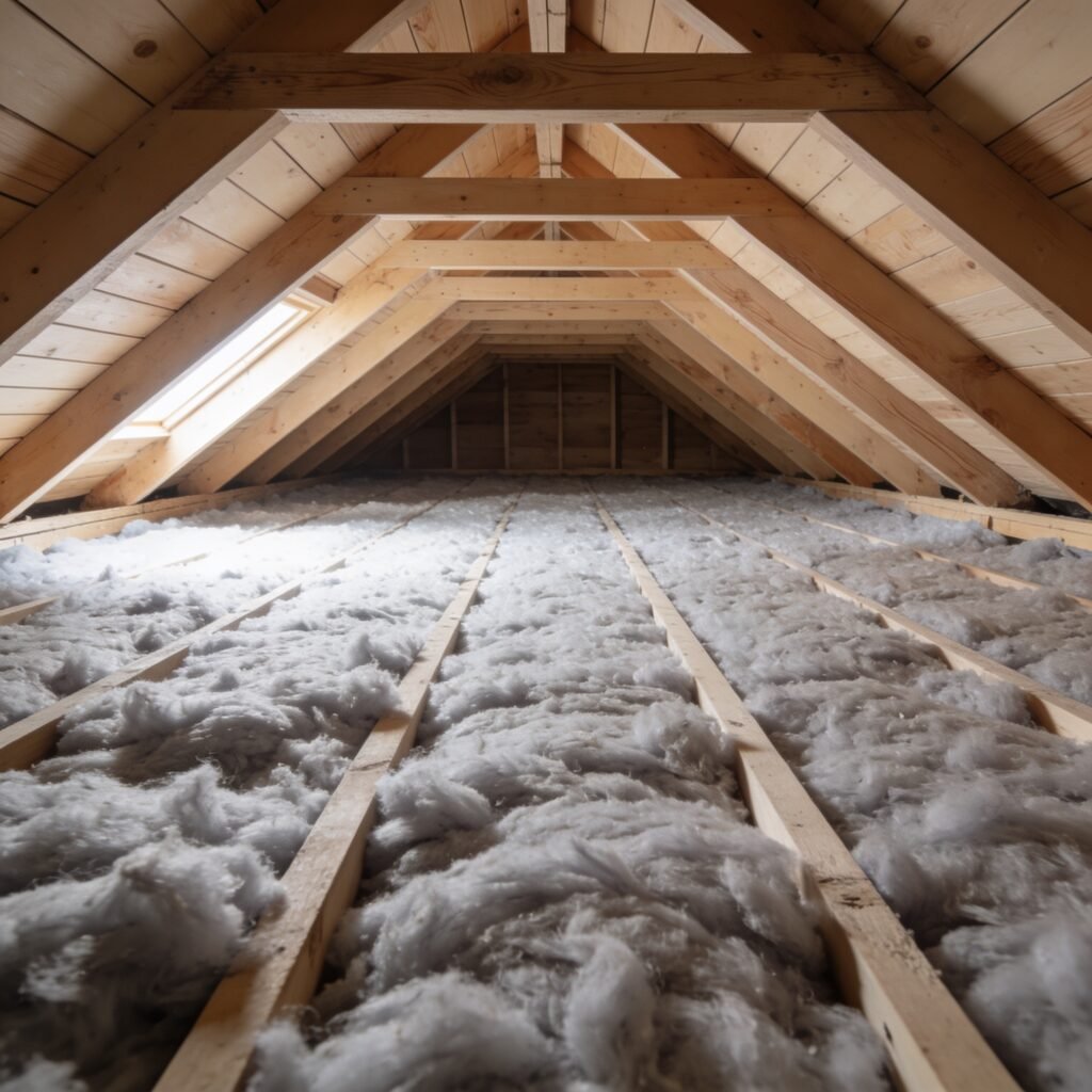 Insulated crawl space under raised foundation home with blown-in insulation.