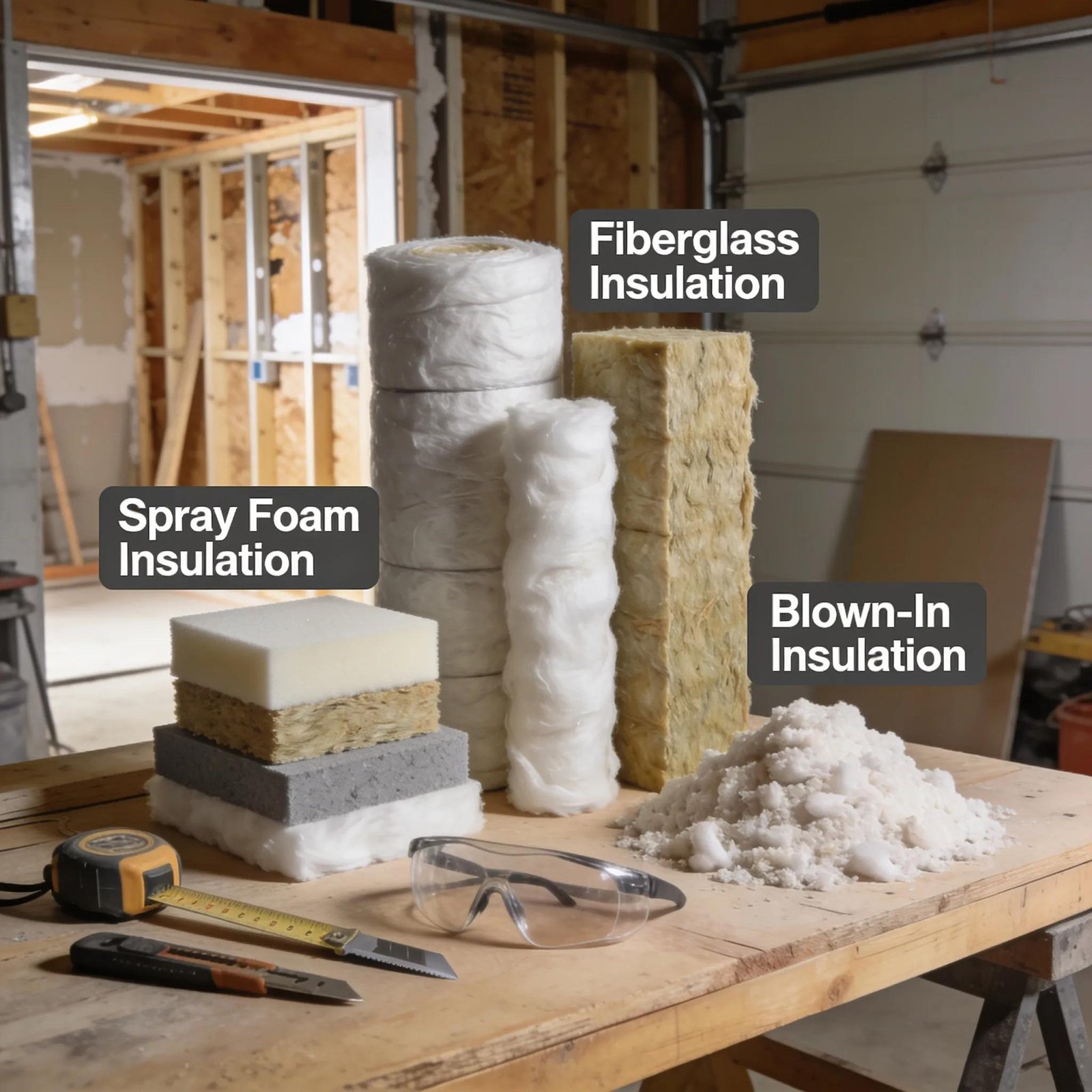 Fiberglass, spray foam, and blown-in insulation samples for home insulation comparison.