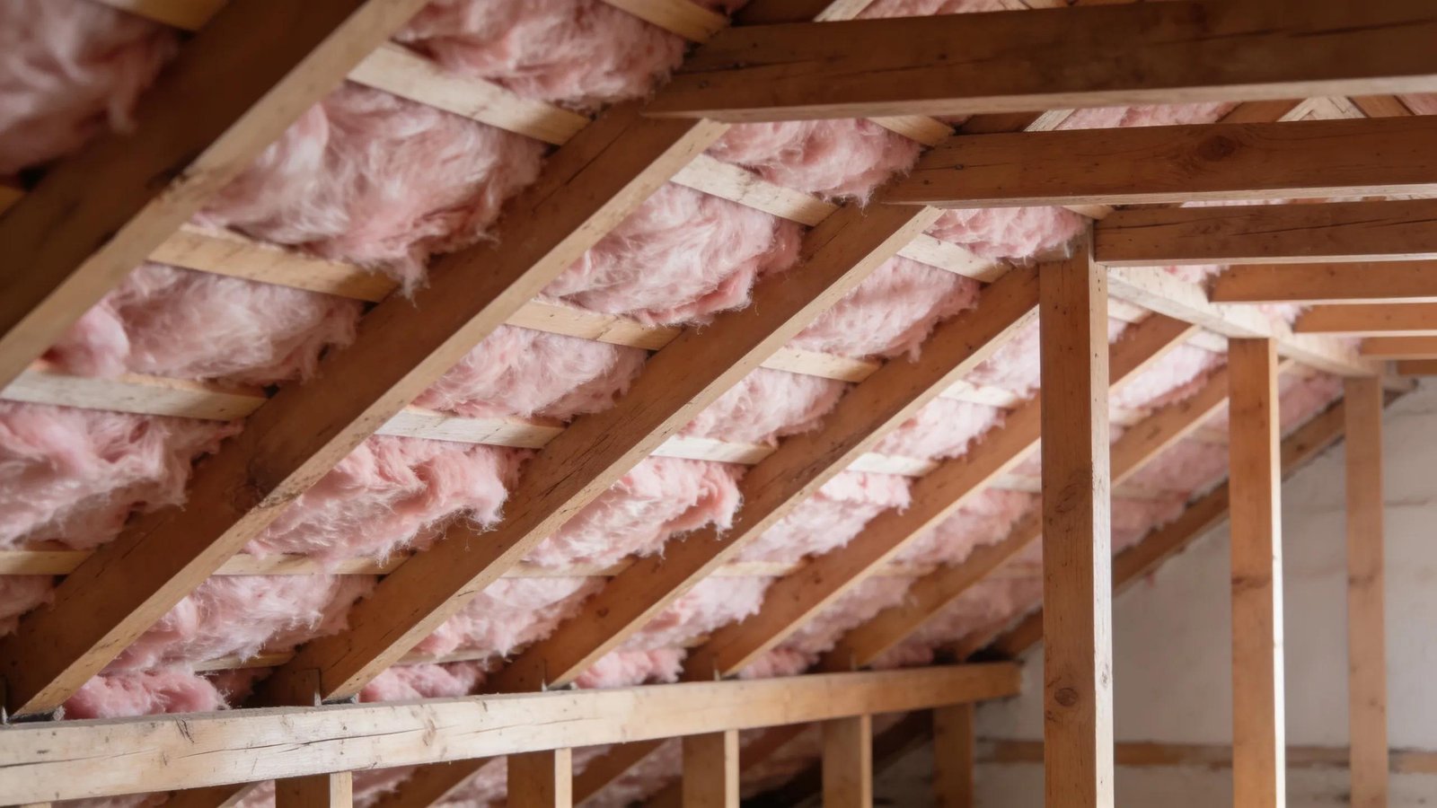 Attic insulation of fiberglass fibers filling spaces between rafters