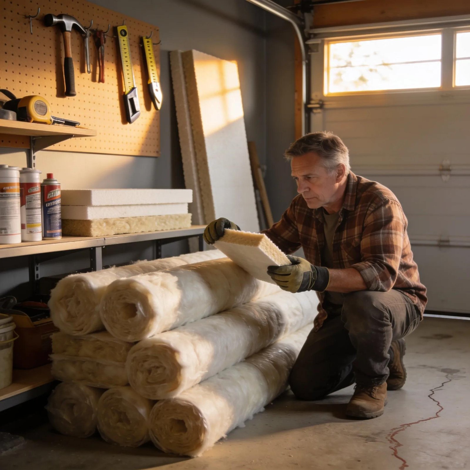 Man inspecting fiberglass insulation rolls for DIY home insulation project.