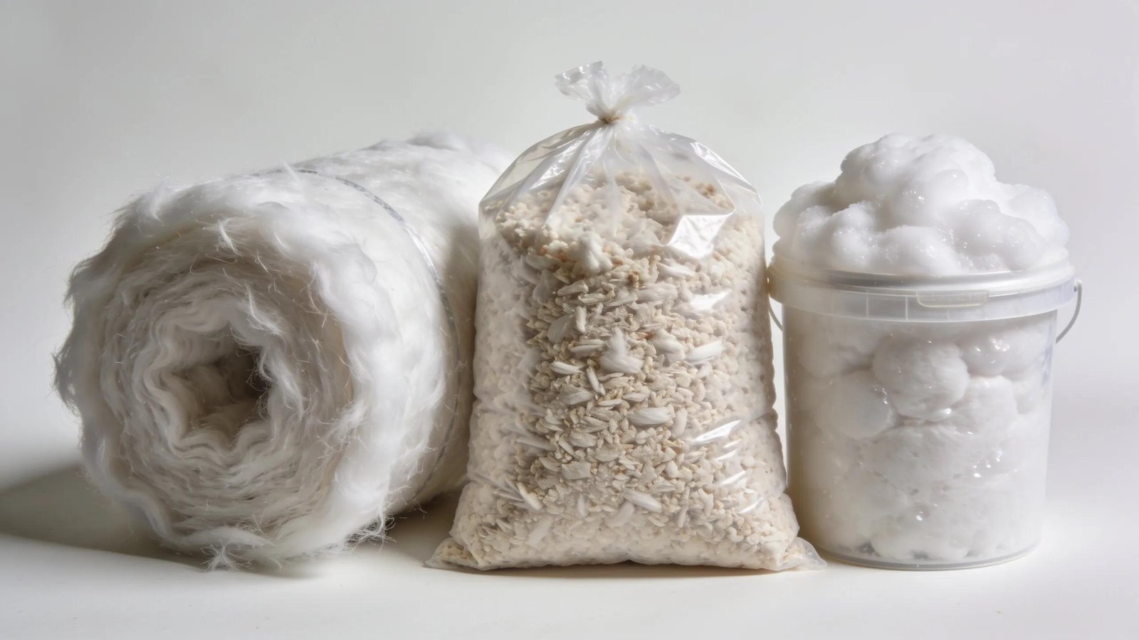 Fiberglass, cellulose, and spray foam insulation materials for attic installation.