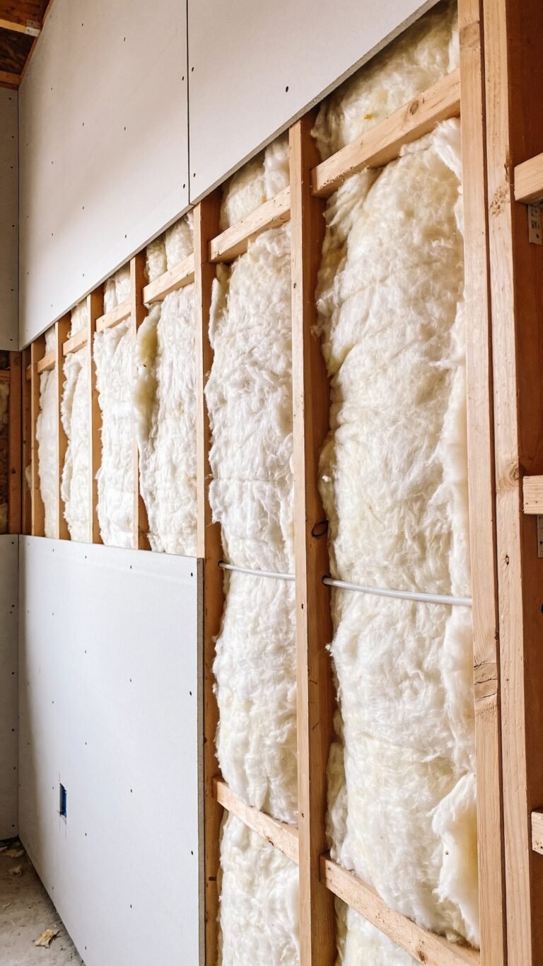 Fiberglass wall insulation in home construction, batt and roll insulation.