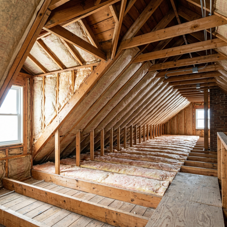 Attic insulation removal and replacement showcasing old insulation and framing.