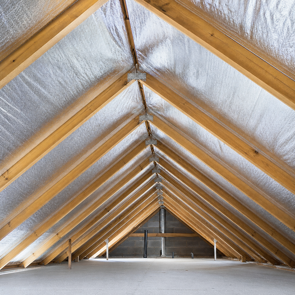 Radiant barrier foil installed in attic rafters reflecting radiant heat