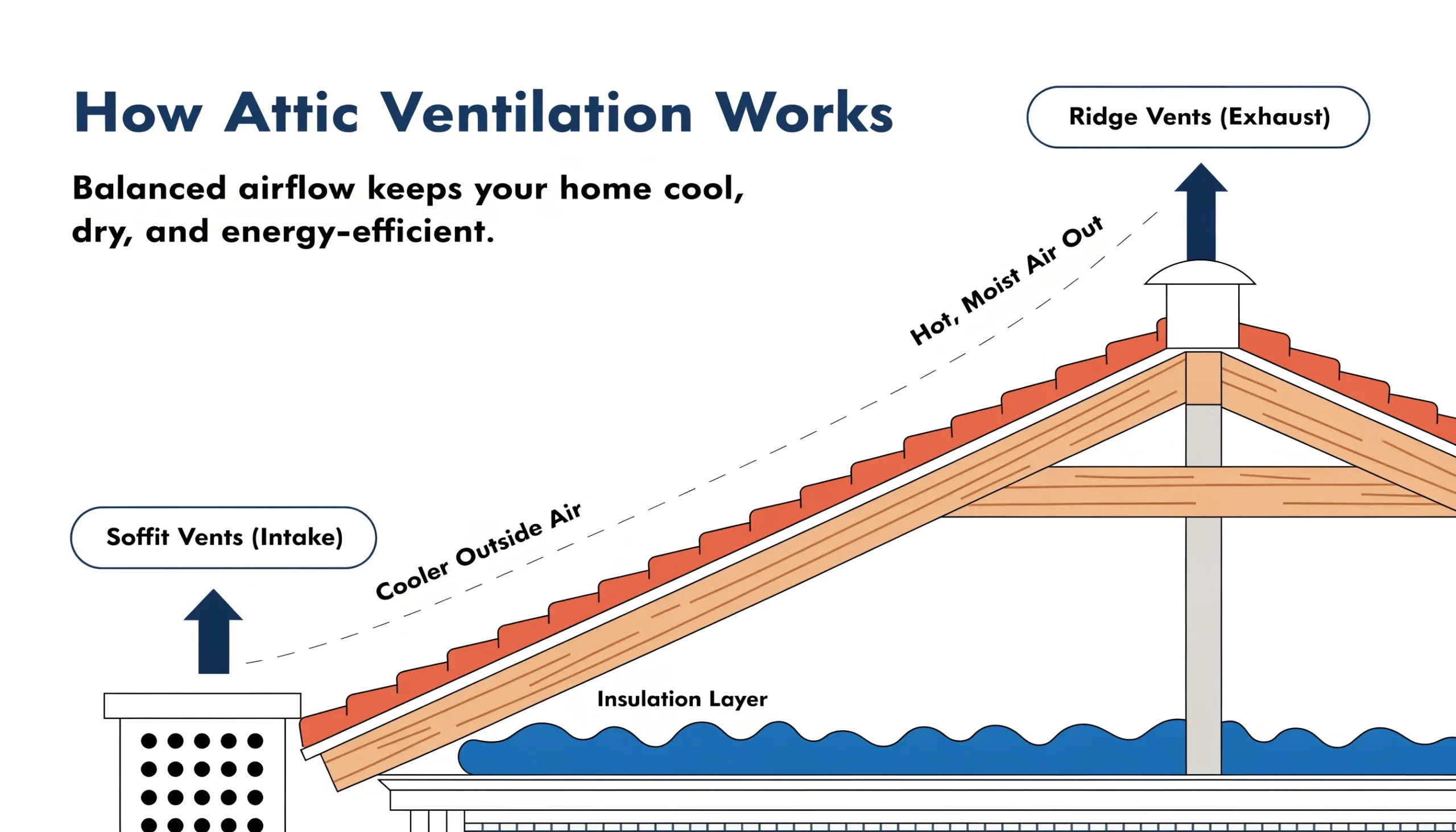 Diagram of soffit intake and ridge exhaust airflow path through an attic