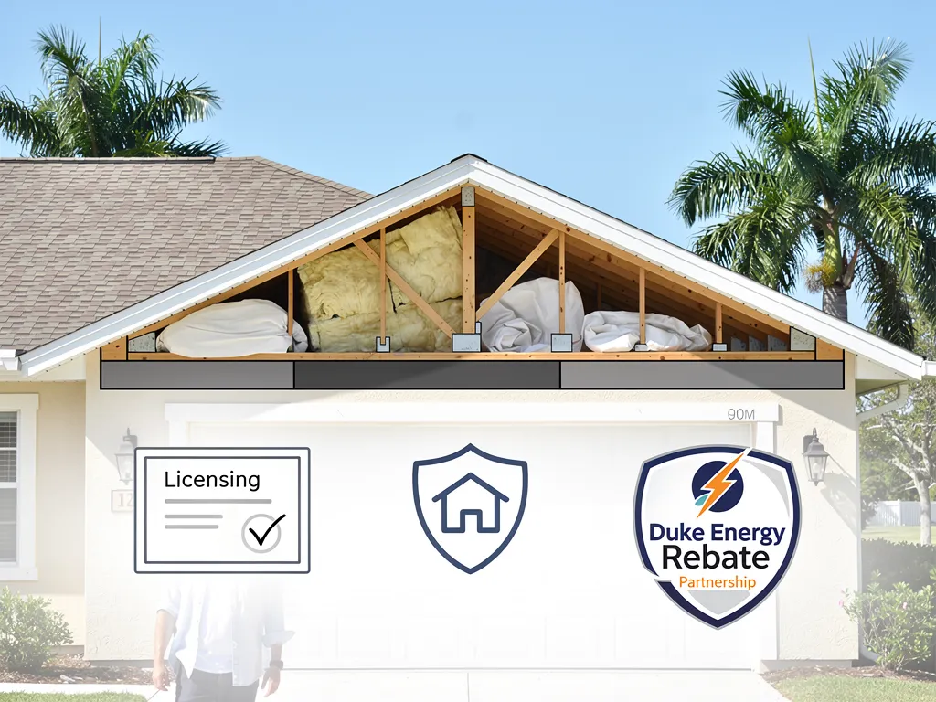 Checklist icons summarizing licensing, insurance, and rebate credentials