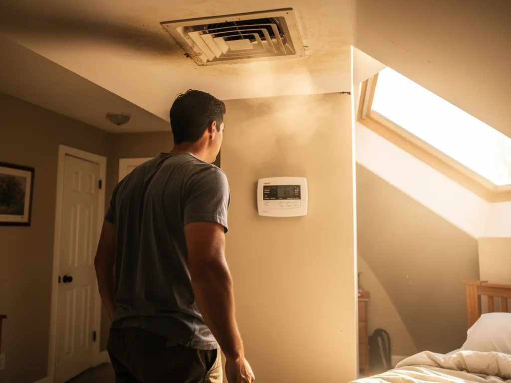Thermostat and sweating homeowner illustrating an overworked cooling system