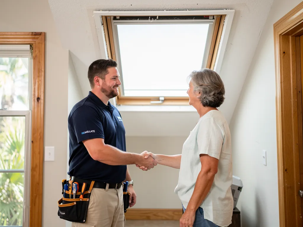 Handshake between homeowner and insulation contractor after a completed job