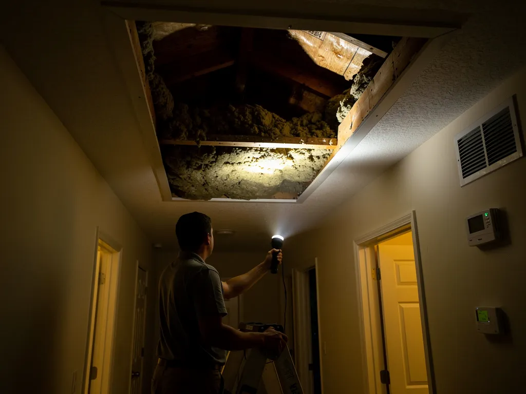 Homeowner inspecting attic insulation depth through access hatch