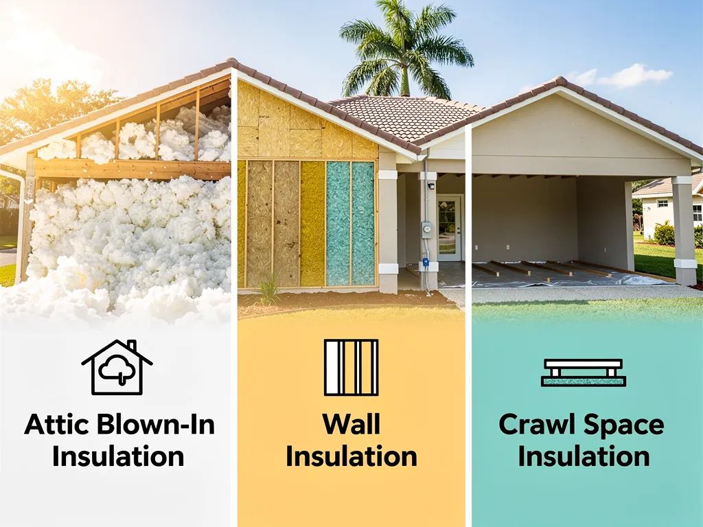 Crew installing blown-in insulation alongside spray foam and batt materials