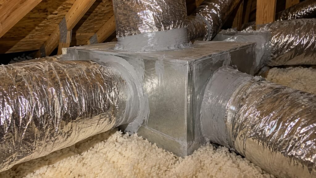 Attic duct plenum with seams sealed in mastic