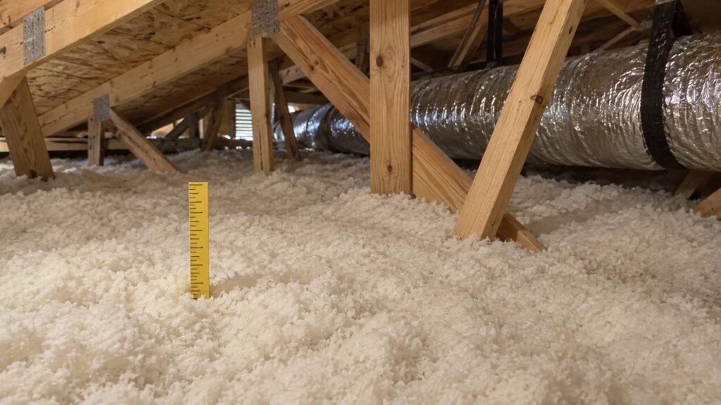 Depth ruler in fresh blown-in attic insulation in a Florida home