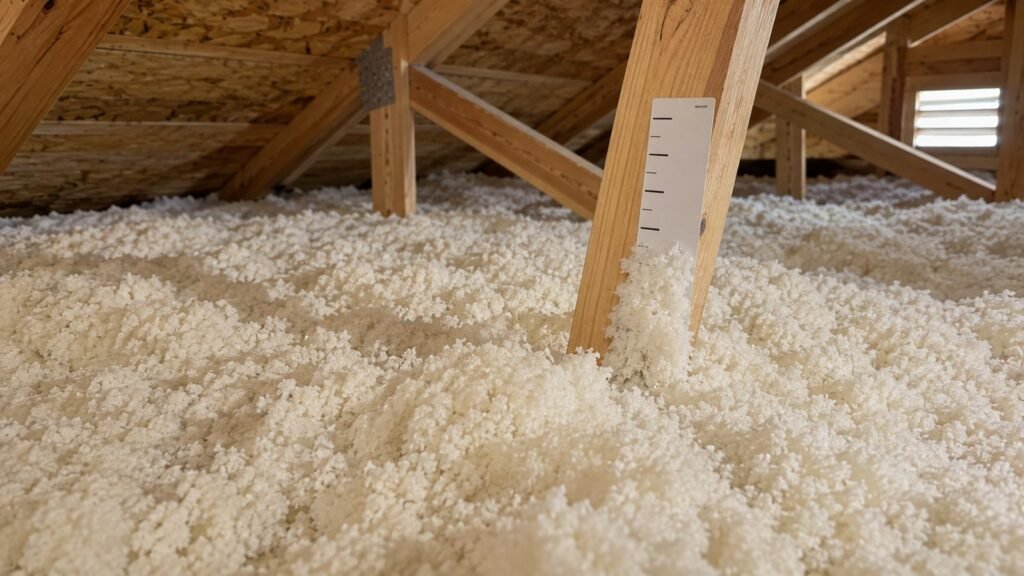 Insulation depth marker on an attic truss in blown-in fiberglass