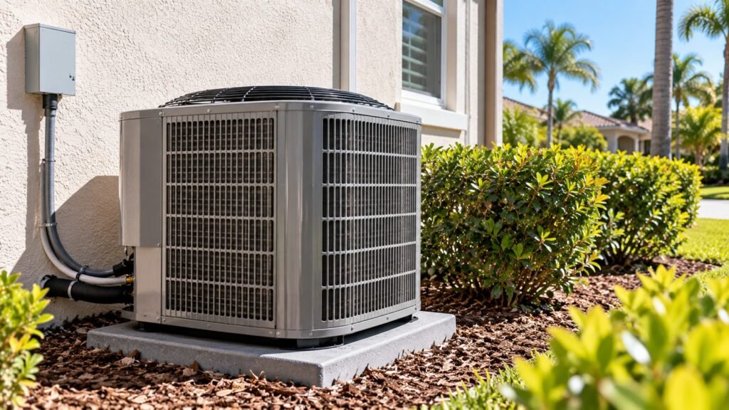 Outdoor AC condenser unit beside a Florida stucco home, shrubs and mulch, sunny day
