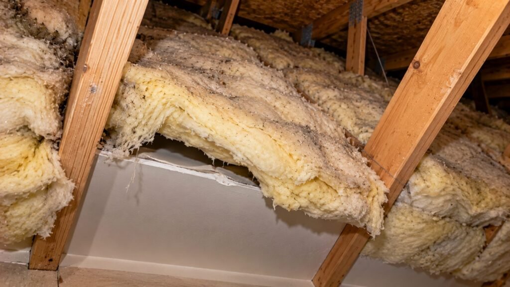 Old fiberglass batts sagging and pulled away from a ceiling, gap showing the drywall below