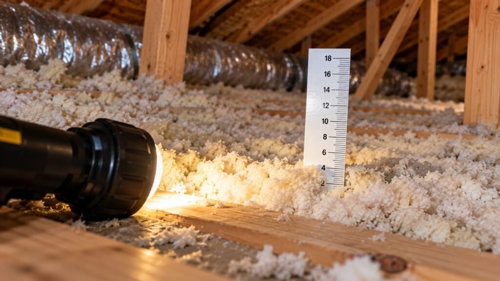 Flashlight pointed at an attic depth ruler sitting in thin insulation, only about 4 inches deep