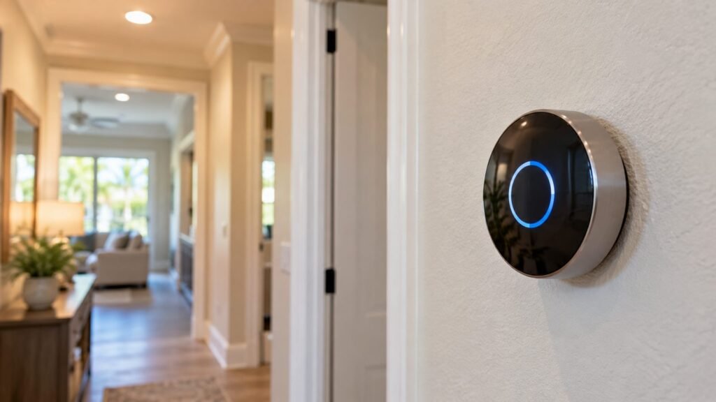 Smart thermostat on a hallway wall in a Florida home, soft daylight