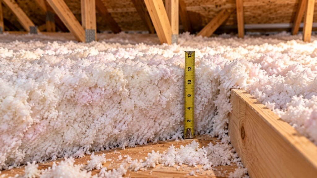 Close up cross-section of a thick blown-in fiberglass layer along a joist