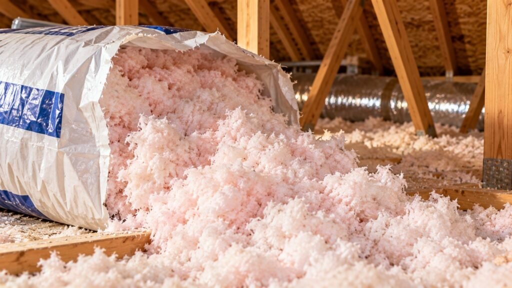 Bag of loose blown-in fiberglass opened in an attic, insulation spilling out