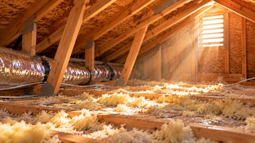 Florida attic in midday heat, sunlight through a vent, thin insulation on the floor