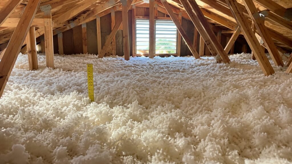 Fresh blown-in fiberglass covering an attic floor with a depth ruler, light from a gable vent