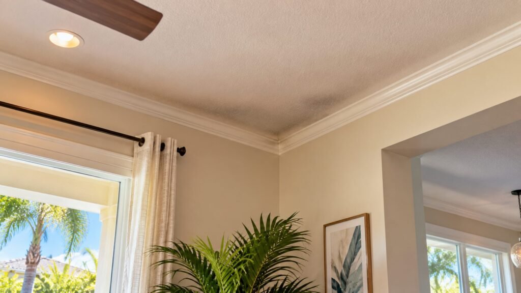 Ceiling corner of a Florida living room with a dark shadow line from missing insulation above