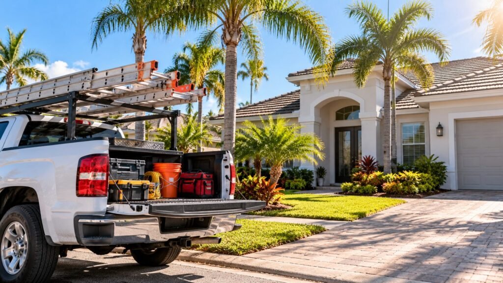 Contractor's truck in front of a Florida home on an estimate visit, sunny, palm trees