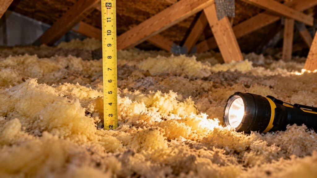Attic depth ruler and a flashlight resting on old insulation, ready for a measurement