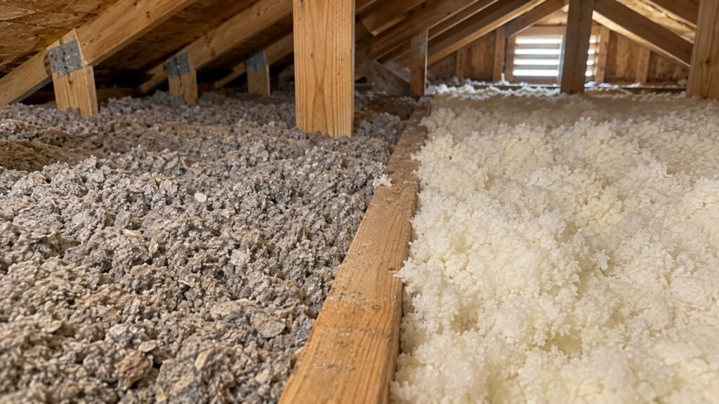 Cellulose and fiberglass loose-fill insulation side by side in an attic