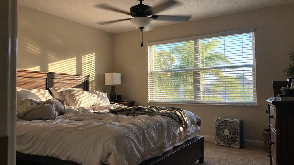 Hot upstairs bedroom with afternoon sun in a Florida home