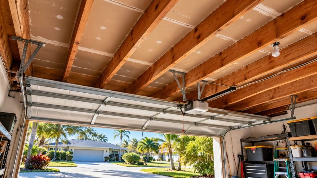 Bare garage ceiling joists below a bonus room