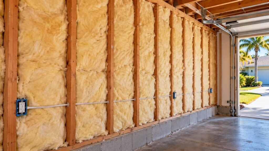 Fiberglass batts in a garage wall shared with the house