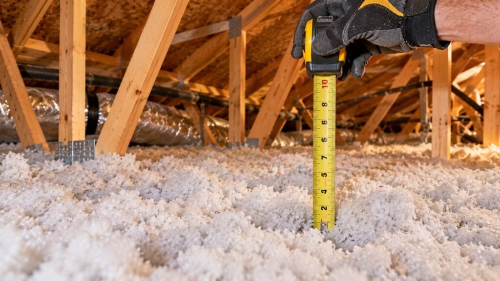 Thin builder-grade blown-in insulation in a newer attic with a depth ruler