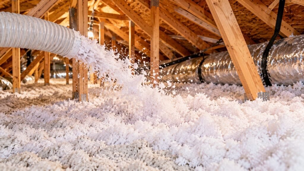 Fresh blown-in insulation being added over builder-grade insulation