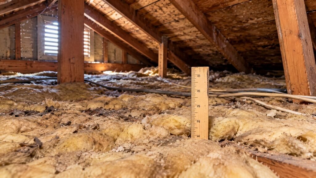 Old flattened insulation in a Bradenton attic with a depth ruler