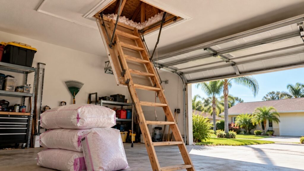 Pull-down attic ladder and insulation bags in an Ellenton garage